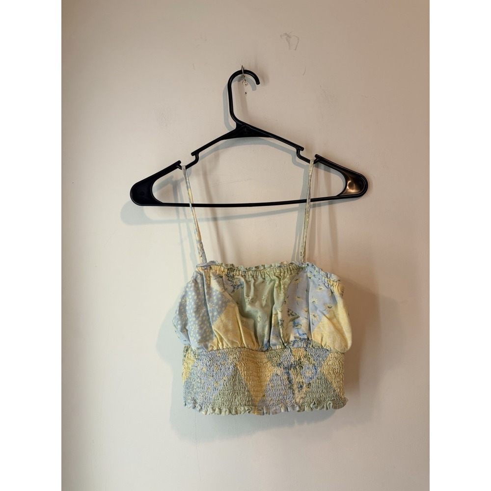American Eagle Crop Tank Top Women's Sz XS Patchwork Floral Smocked Linen Blend
